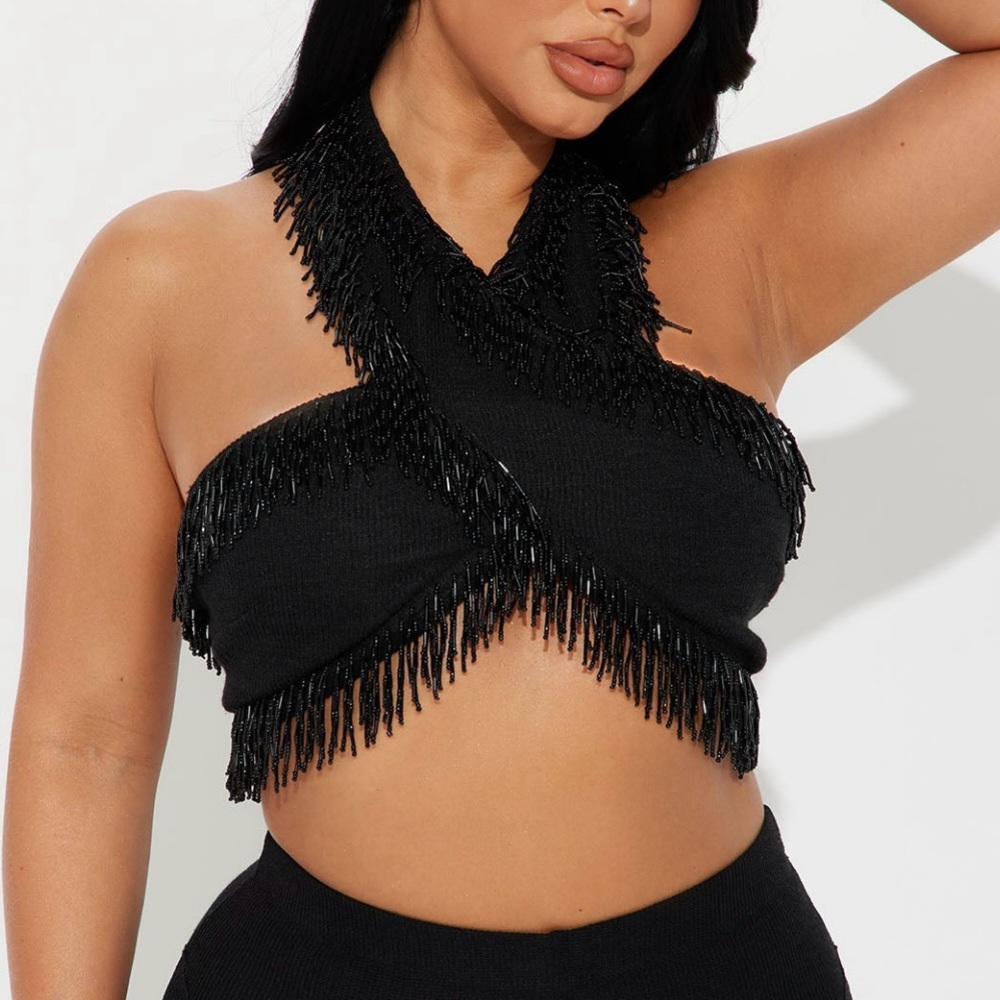 Fashion Nova Black Beaded Fringe Halter Top